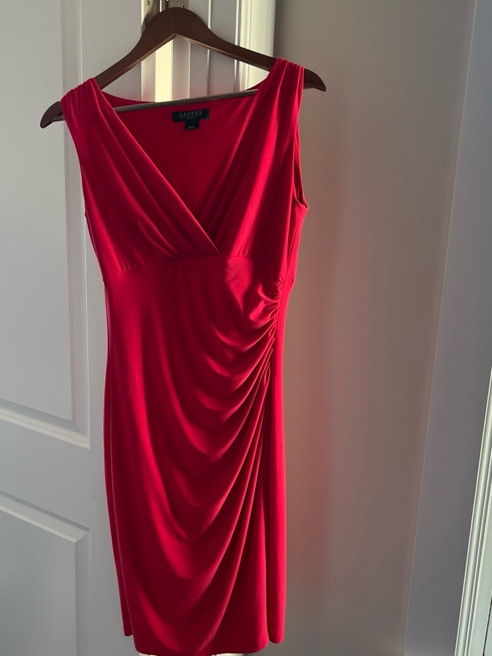 Ralph Lauren Fuchsia Sleeveless V-Neck Ruched Midi Dress
